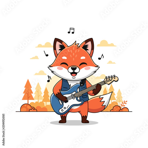 Cartoon Fox Playing Guitar, Musical Illustration