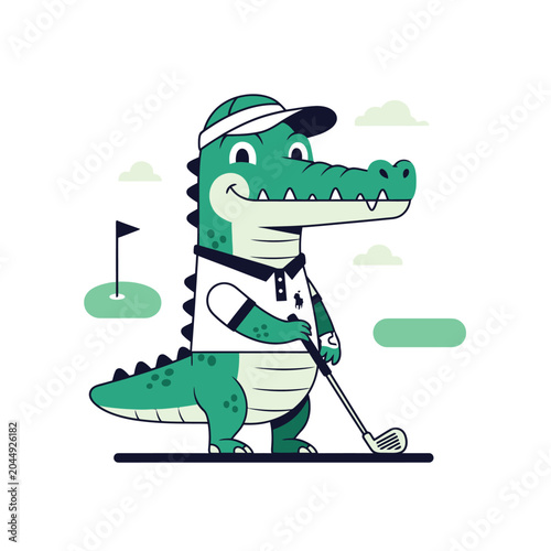 Cartoon Gator Playing Golf on Green Course, Vector Illustration
