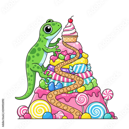 Cartoon gecko climbing colorful candy mountain with ice cream cone