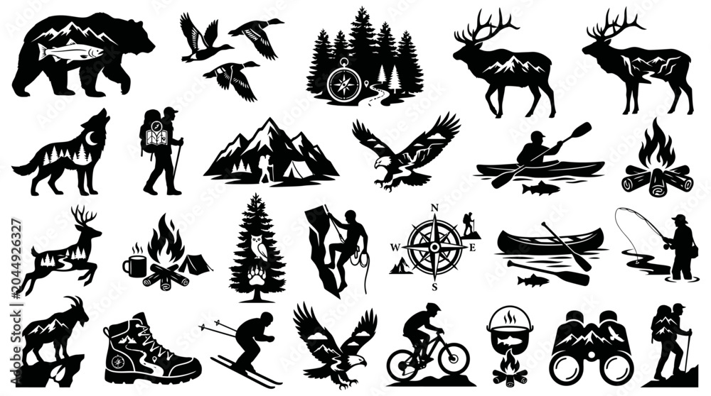 Obraz premium Collection of Outdoor Activity Silhouette Graphics featuring Wildlife, Hiking, Camping, and Sports with Mountain and Water Elements