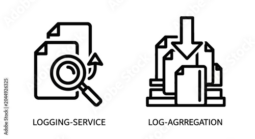 Logging service and log aggregation icons for data management with aggregation management collection analysis monitoring software technology database