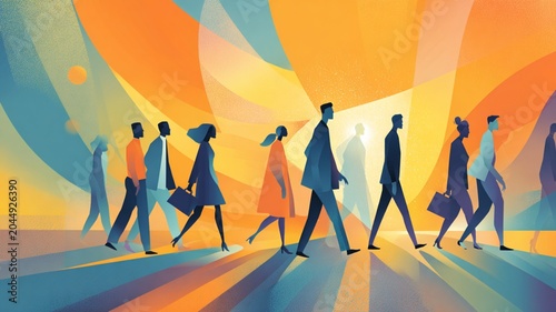 Diverse Professionals Walking Toward Bright Opportunity