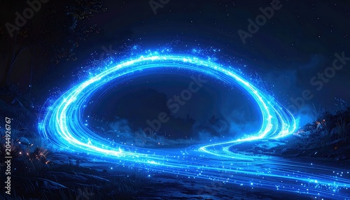 A luminous blue portal of light streaks across a dark, ethereal landscape