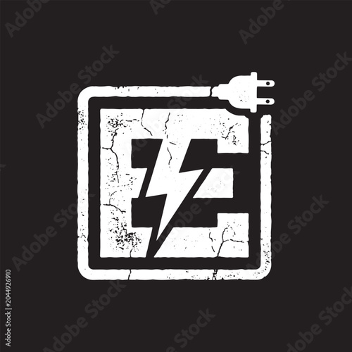 Letter E electrician plug and lightning bolt grunge vector t-shirt design.