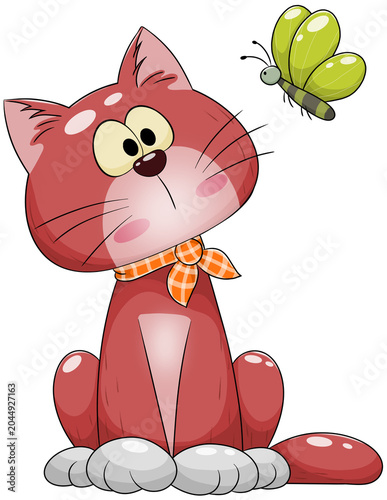 A cat wearing a plaid scarf sits watching butterflies.