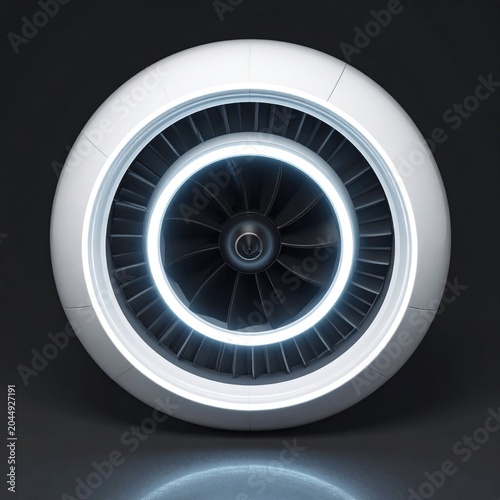 Futuristic white turbine with glowing blue ring, sleek metallic blades