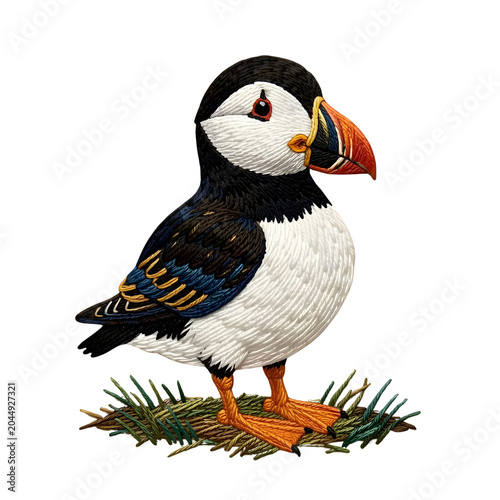 Embroidery Puffin Bird Illustration on White Background