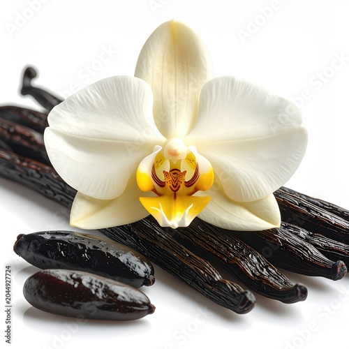Elegant orchid blossom with dark, rich vanilla bean pods, a sweet aroma