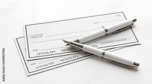 Two bank checks with a pen for financial payment