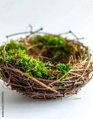 Rustic nest woven with twigs, lined with vibrant green moss