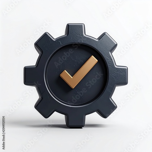 Dark cog with golden checkmark inside, symbolizing completion and efficiency