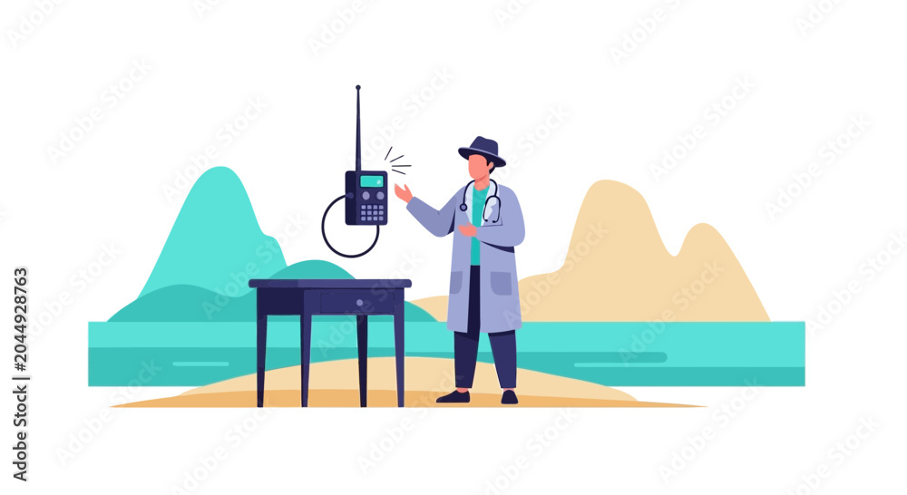 Obraz premium Doctor with Radio Device on Table, Abstract Background, Medical Communication Concept