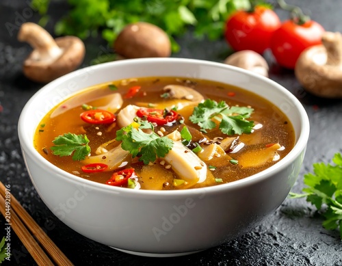 A steaming bowl of mushroom soup with herbs and chili peppers