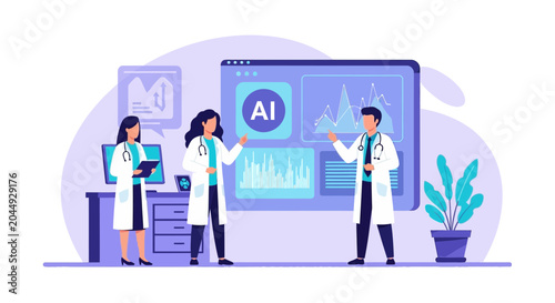 Doctors Discussing AI Medical Data Analysis in Modern Healthcare Office