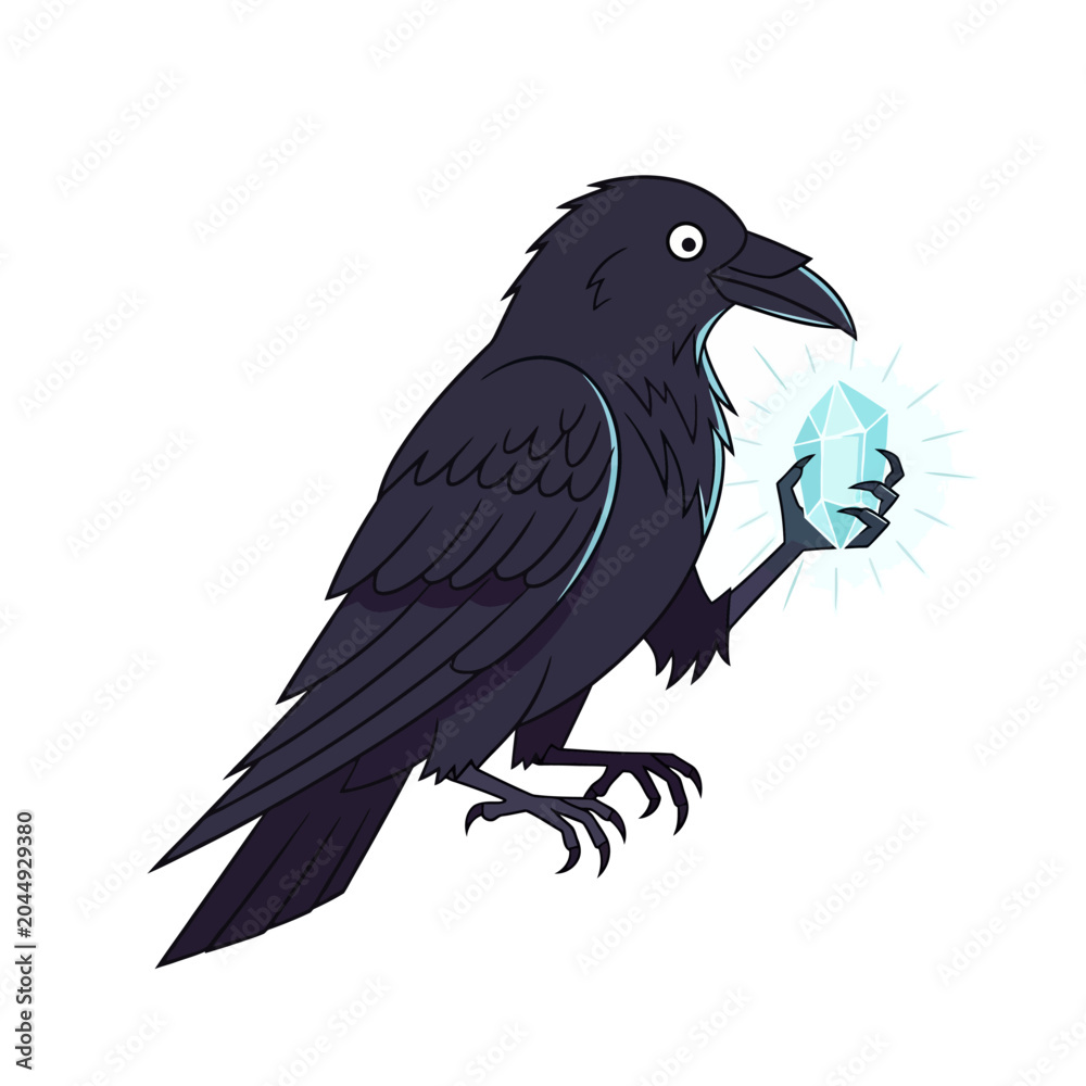 Fototapeta premium Cartoon raven holding crystal gem, vector illustration