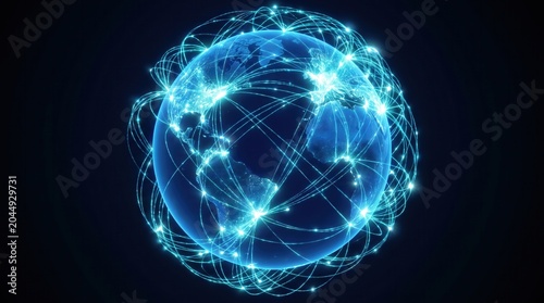Blue glowing Earth globe showing global network connections and communication lines. Dark background with bright light points indicating data flow.