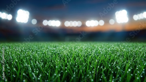 Vibrant green grass covered in sparkling dew drops at dawn or dusk. Blurred stadium lights illuminate the background under a dark sky.