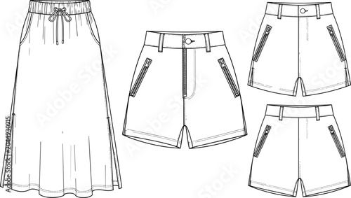 Foto Technical fashion flat sketch collection of casual bottoms featuring an elastic