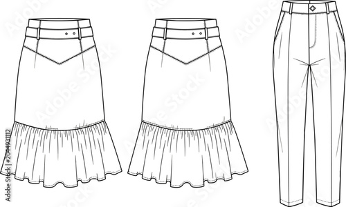 Bild auf Leinwand Technical fashion flat sketch collection of a women's belted western midi skirt