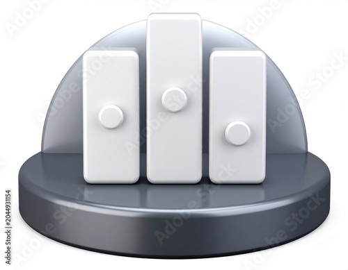 Three white cylinders with round knobs on a metallic podium