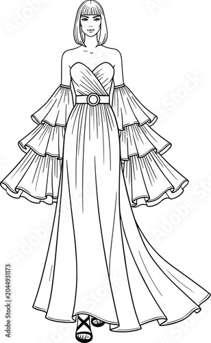 Принти на полотні Vector line art illustration of a woman wearing an elegant sweetheart neckline e