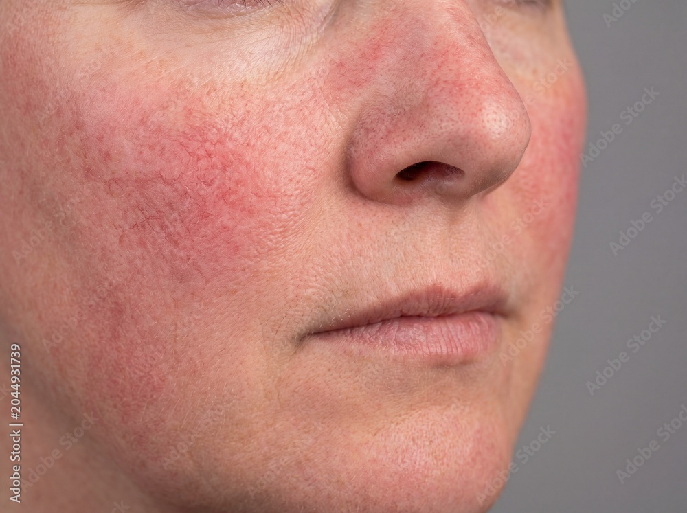 Obraz premium A professional photography close-up shot of a person's cheeks and the bridge of the nose exhibiting Rosacea, characterized by persistent facial redness, flushing, and small, visible superficial blood