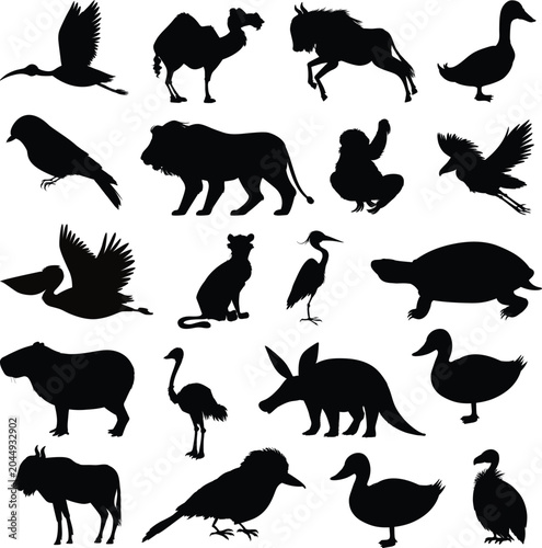 Canvas Print Wild animal silhouettes collection, vector fauna elements set