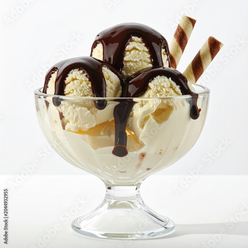 Creamy scoops of vanilla ice cream in a glass dish, drizzled with rich chocolate syrup