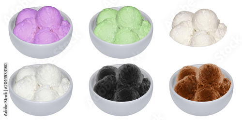 ASSORTED ICE CREAM SCOOPS IN CERAMIC BOWLS SET ISOLATED ON WHITE BACKGROUND. COLORFUL ICE CREAM FLAVORS COLLECTION: STRAWBERRY, MINT, VANILLA, CHOCOLATE, AND CHARCOAL