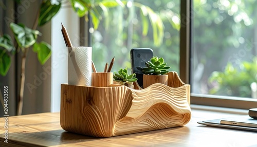Natural wood desk organizer with pens, succulents, and phone near window