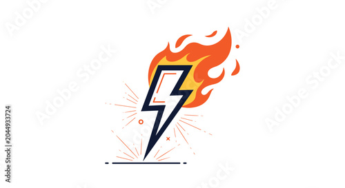 Powerful lightning bolt icon engulfed in vibrant orange and red flames, set against a white background with sparks for energetic designs.