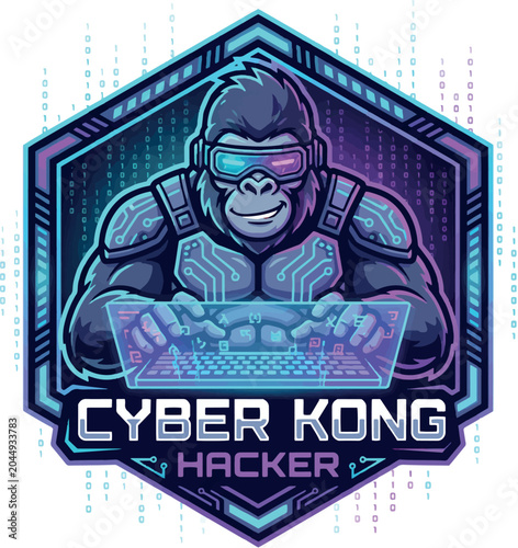 Cyber Kong Hacker: Futuristic blue mecha gorilla typing on a cyberpunk computer matrix