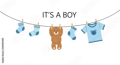 Sweet baby boy announcement illustration with a cute teddy bear and infant clothing hanging from a laundry line.