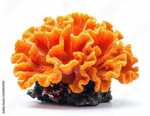 Vibrant orange coral with textured, ruffled tentacles on a dark base