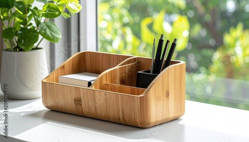 Natural bamboo desk organizer with pens, notepad, and plant on windowsill