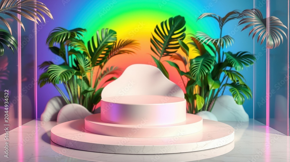 Obraz premium Vibrant scene features pedestal surrounded by lush tropical plants. Rainbow gradient backdrop creates surreal atmosphere. Minimalist design.