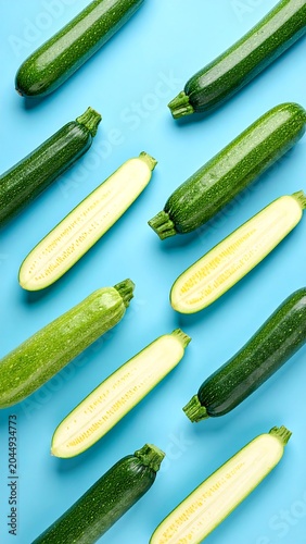 A vibrant arrangement of green and sliced zucchinis on a blue background