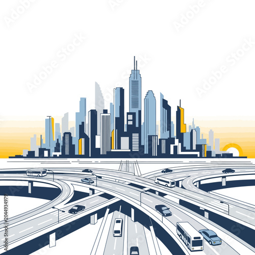 Modern Cityscape with Urban Highway Intersection at Sunrise