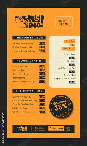 Food menu template with price list concept in yellow and black for hot dog street food design