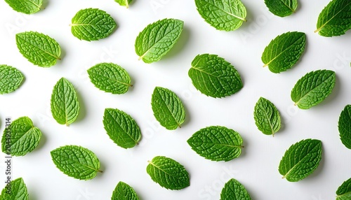 Fresh green leaves scattered across a white surface, top view