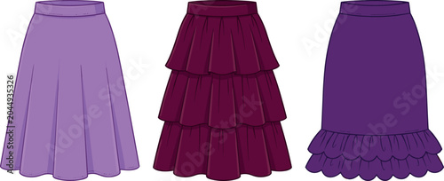 Принти на полотні Elegant Women Purple Skirt Vector Set with Ruffle Tiered and A Line Pleated Casu