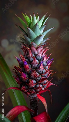 A vibrant, colorful pineapple with green, red, and purple hues