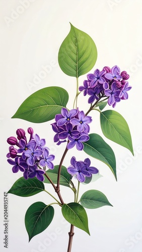 Delicate purple blossoms and lush green leaves on a pale background
