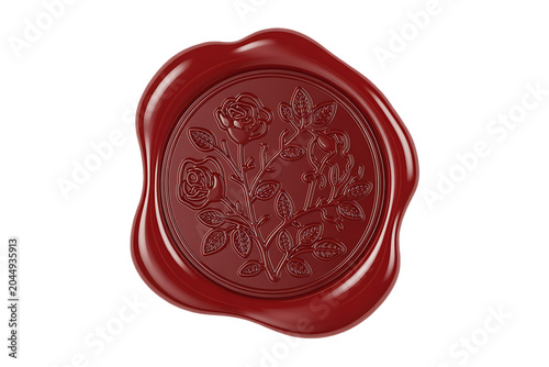 Round red wax seal stamp with an intricate embossed of blooming roses and leaves isolated on a plain white studio background surface isolated on a transparent background