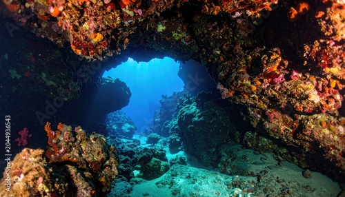 Sunlit underwater cave entrance revealing blue ocean depths and vibrant coral