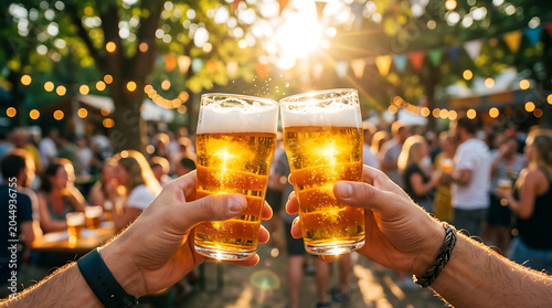 friends clinking beer glasses in outdoor festival at sunset