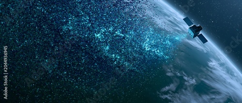 Satellite orbits Earth, leaving glowing trail behind. 64k 8k widescreen, HDR,
