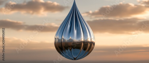 Shiny metallic droplet floats against warm sunset sky. 64k 8k widescreen, HDR,