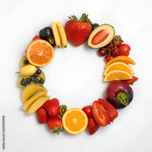 Colorful assortment of fresh fruits arranged in a circular frame on a white background, healthy eating and nutrition concept with copy space.