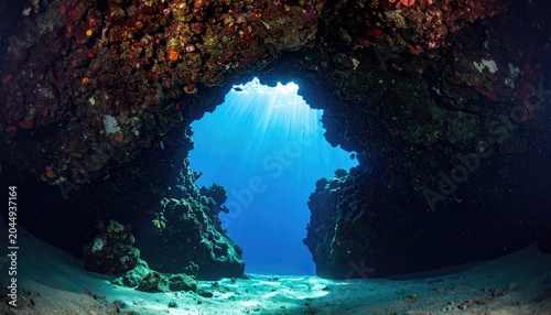 Sunbeams pierce underwater cave entrance, illuminating seabed
